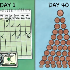 Calendar and stacks of coins representing an example of compounding interest