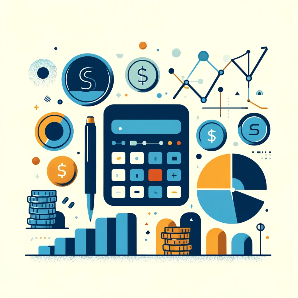 Calculator, pen, coins, and bar chart connoting financial tools