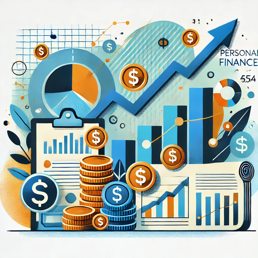 Coins, pie charts, upward arrow connoting growing investments