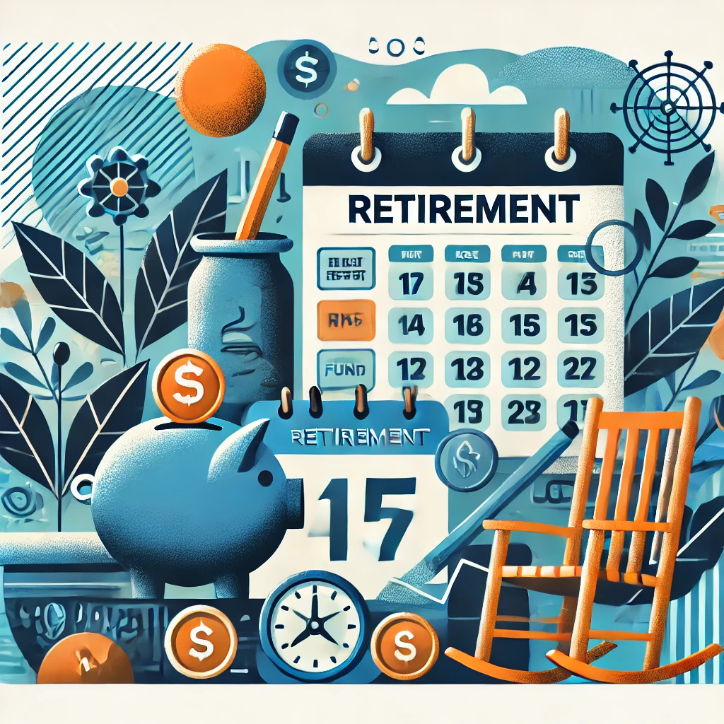 Calendar, rocking chair, and piggy bank connoting retirement