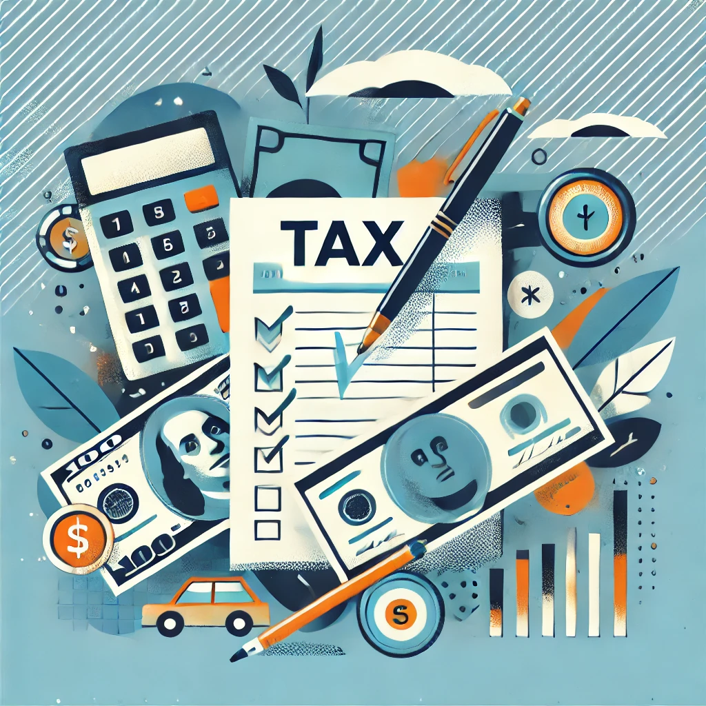 Tax checklist with calculator, currency, and bar chart connoting taxes