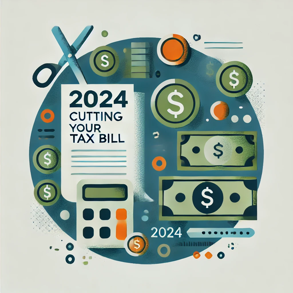 Scissors, calculator, and dollar artifacts connoting cutting of taxes