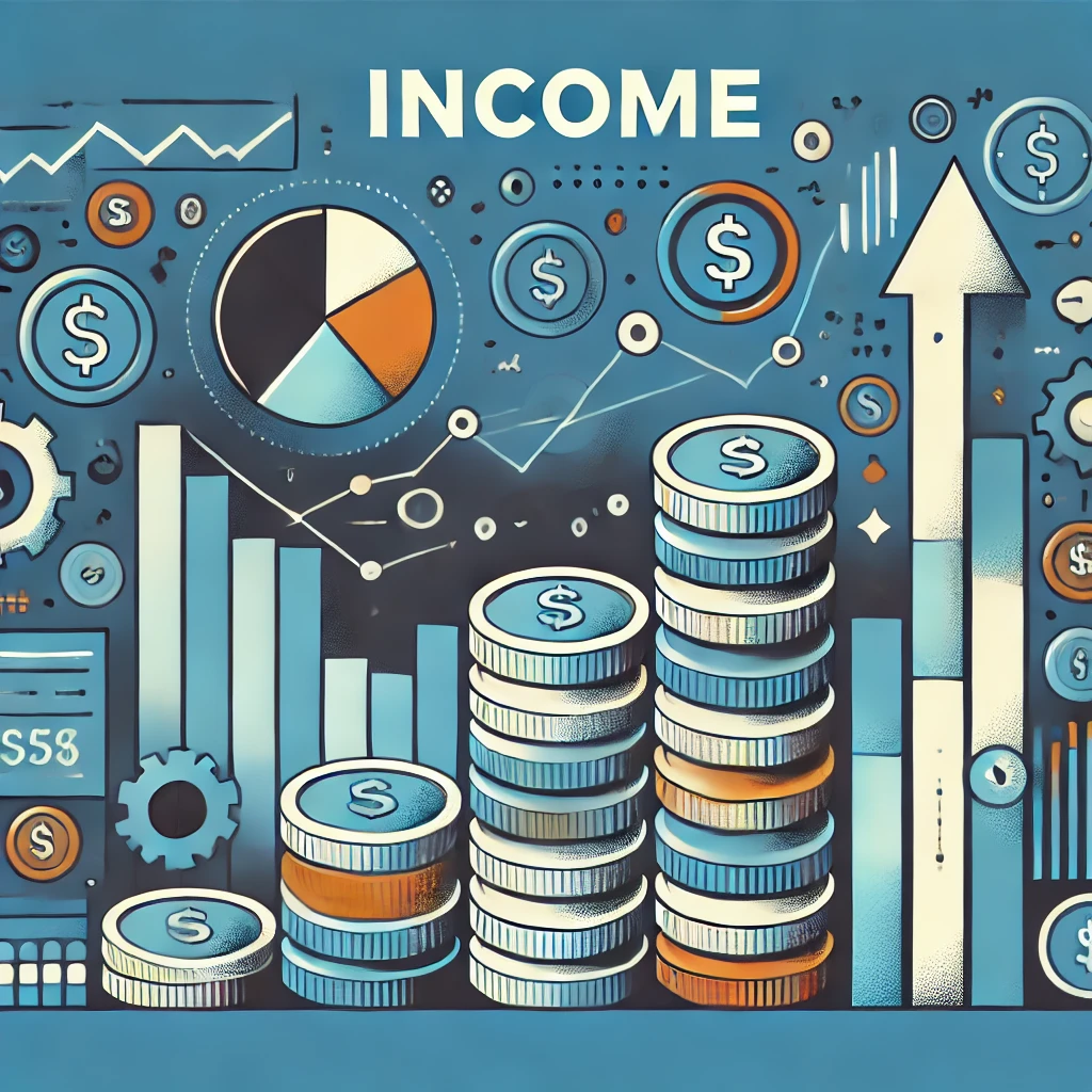 Stacked coins and arrow pointing upward connoting income growth