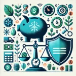 Piggy bank, dollar signs, scale, and shield artifacts connoting retirement planning tips