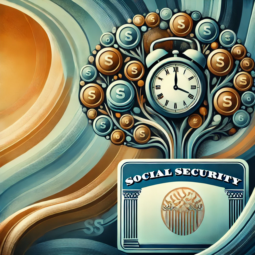 Social security card with clock and dollar signs to convey when to start benefits