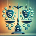 A symbolic illustration featuring a balanced scale with abstract symbols representing Social Security and Medicare