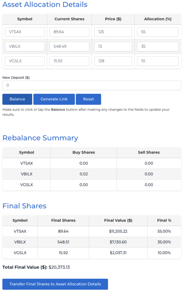 Transferring final shares to Asset Allocation Details table