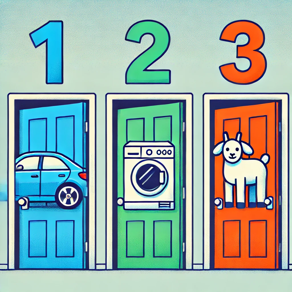 Three doors, 1, 2, and 3, with a car, washer, and goat superimposed on each