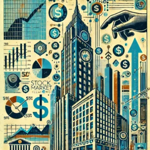 Stock market and dollar sign symbols and charts surrounding a tall building connoting a stock exchange